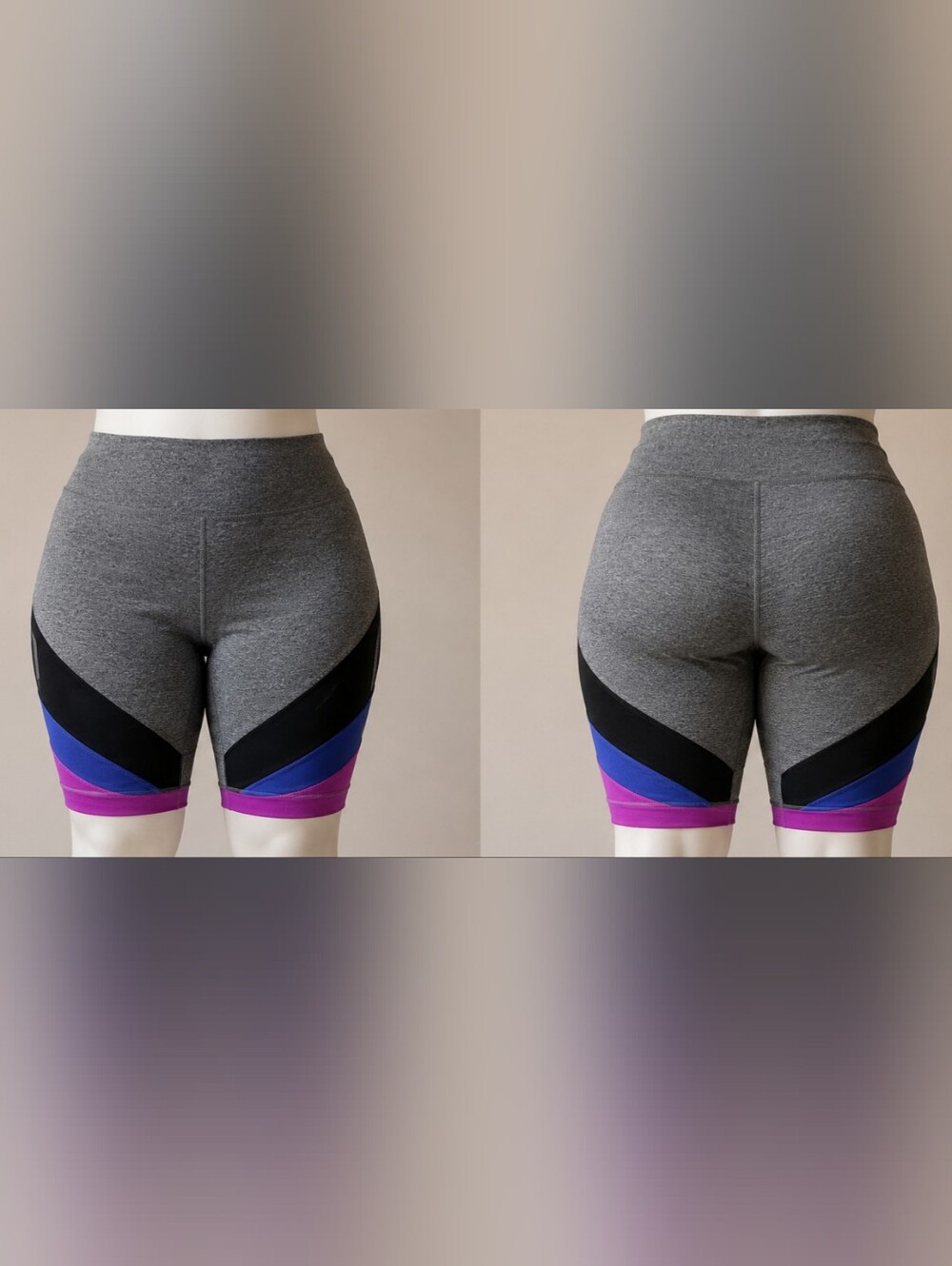 Livi Active Gray Bike Shorts with Black, Blue & Purple Panels